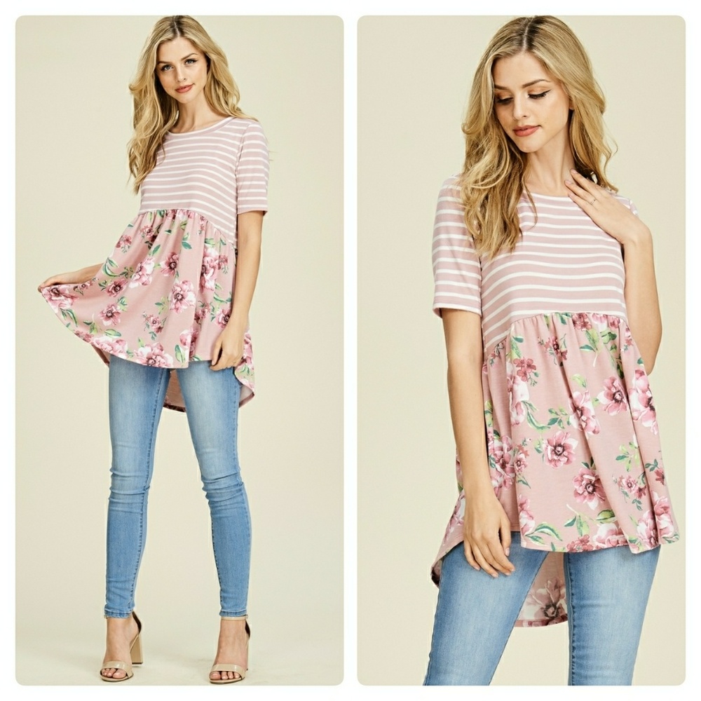 ❣SOLD OUT NWT Striped And Floral Short Sleeve Top - Picture 1 of 3